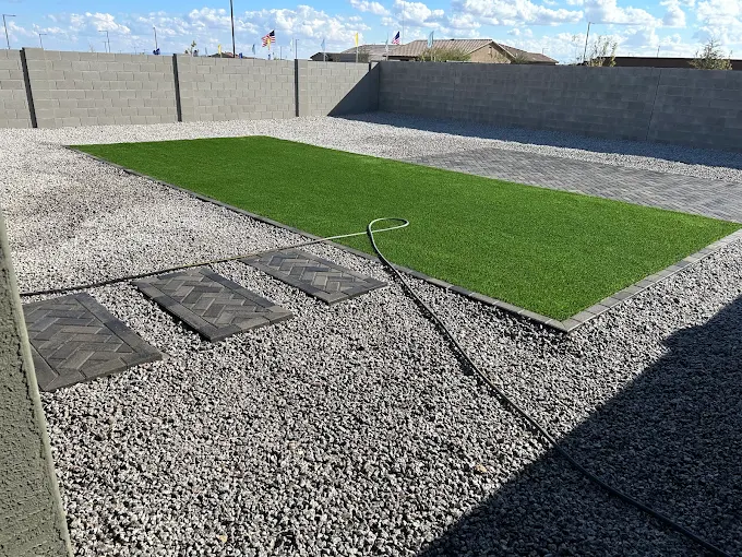 Paver patio and trimmed Arizona desert tree